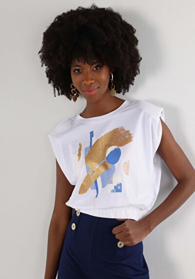 صورة من رقبة مستديرة مطبوعة نسائية أبيض قصيرة أكمام تي شيرت