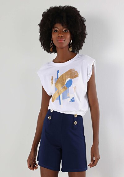 صورة من رقبة مستديرة مطبوعة نسائية أبيض قصيرة أكمام تي شيرت