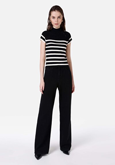 صورة من نحيف نصف الياقة المدورة نسائي أسود كم قصير