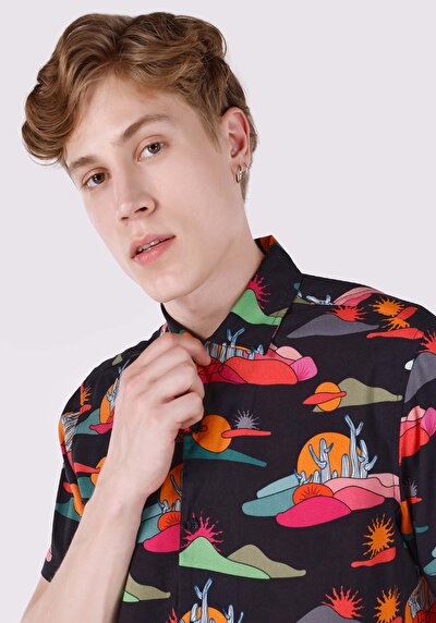 اعرض التفاصيل لـ قميص   رقبة مطبوع رجالي متعدد الألوان قميص قصير الأكمام