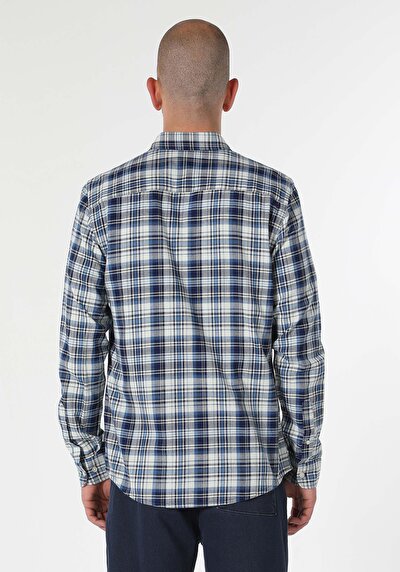 صورة من قميص نحيف رقبة منقوشة رجالي أزرق كم طويل قميص