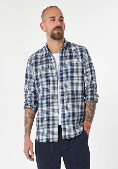 صورة من قميص نحيف رقبة منقوشة رجالي أزرق كم طويل قميص