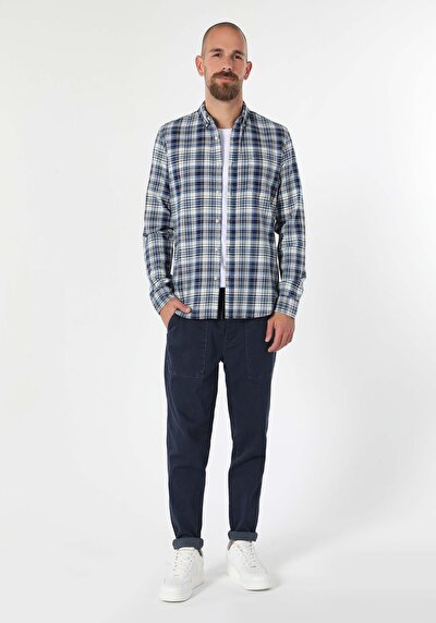 اعرض التفاصيل لـ قميص نحيف رقبة منقوشة رجالي أزرق كم طويل قميص