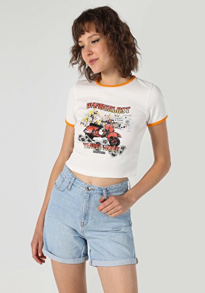 اعرض التفاصيل لـ ضيق  رقبة مستديرة مطبوعة نسائية أبيض كم قصير تي شيرت