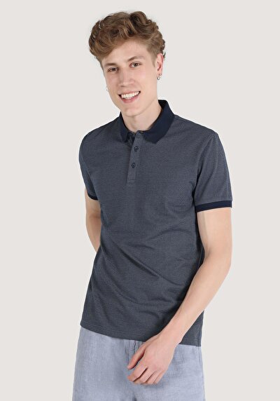 صورة من عادي رقبة بولو جاكار رجالي أزرق كحلي كم قصير تي شيرت