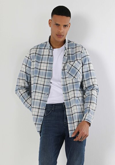 صورة من قميص عادي رقبة منقوشة رجالي أزرق كم طويل قميص