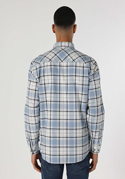 صورة من قميص عادي رقبة منقوشة رجالي أزرق كم طويل قميص