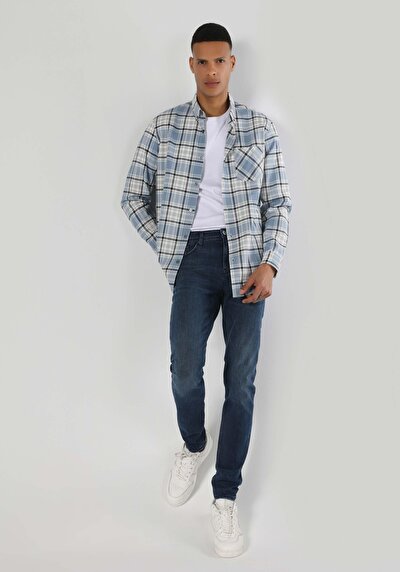 صورة من قميص عادي رقبة منقوشة رجالي أزرق كم طويل قميص