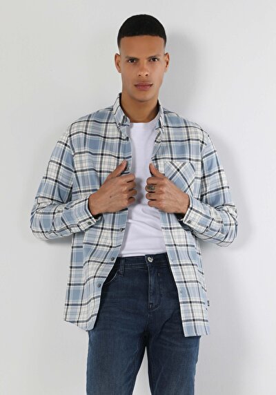 اعرض التفاصيل لـ قميص عادي رقبة منقوشة رجالي أزرق كم طويل قميص