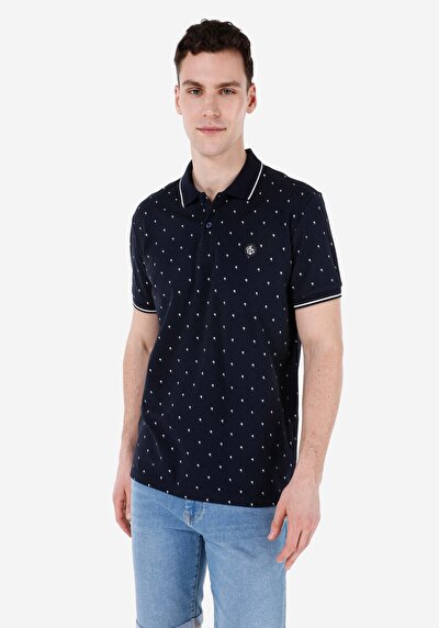 صورة من ياقة بولو عادية مطبوعة رجالي أزرق كحلي كم قصير تي شيرت