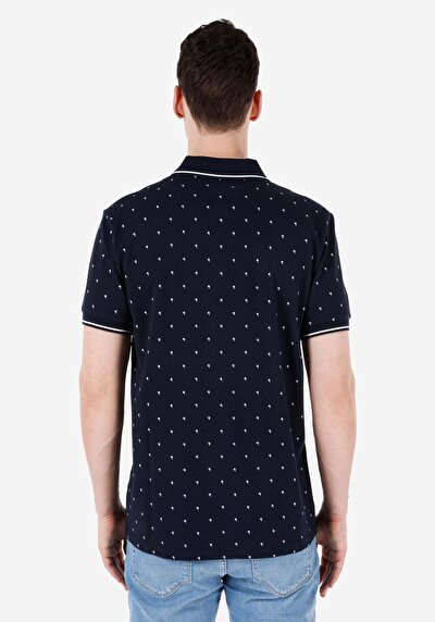 صورة من ياقة بولو عادية مطبوعة رجالي أزرق كحلي كم قصير تي شيرت