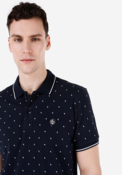 صورة من ياقة بولو عادية مطبوعة رجالي أزرق كحلي كم قصير تي شيرت