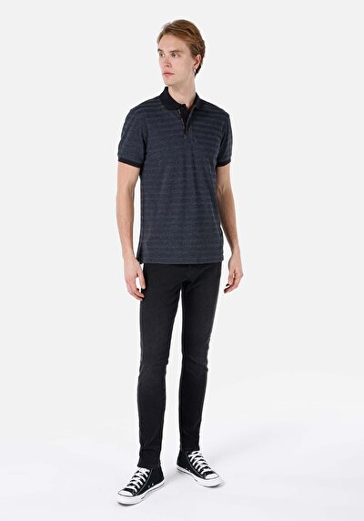 صورة من ياقة بولو عادية مقاس مخطط للرجال أنثراسايت كم قصير تي شيرت