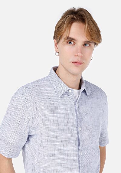 اعرض التفاصيل لـ قميص عادي رقبة مستقيم رجالي أزرق كم قصير قميص