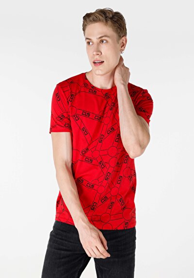 صورة من   رقبة مستديرة رجالي أحمر كم قصير تي شيرت