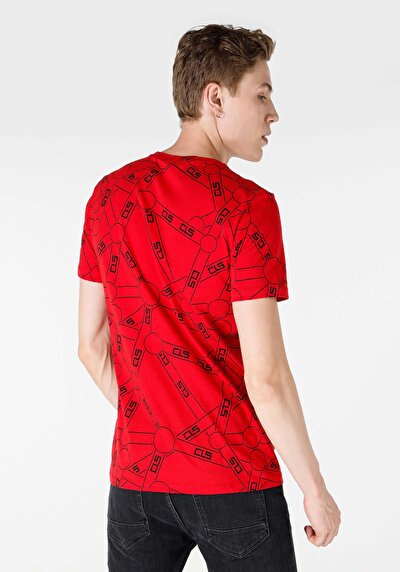 صورة من رقبة مستديرة رجالي أحمر كم قصير تي شيرت