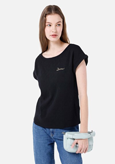 صورة من رقبة مستديرة مطبوعة نسائية أسود كم قصير تي شيرت