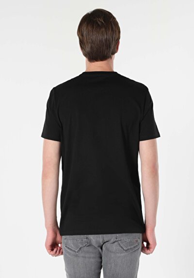 صورة من عادي مقاس رقبة مستديرة مستقيم رجالي أسود كم قصير تي شيرت