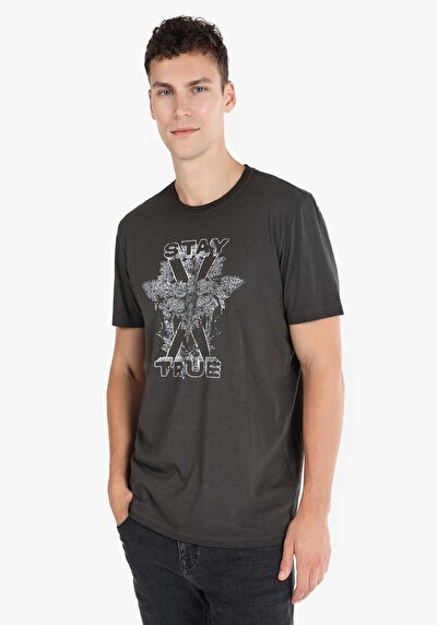 صورة من عادي قصة رقبة مستديرة رجالي أنثراسايت كم قصير تي شيرت