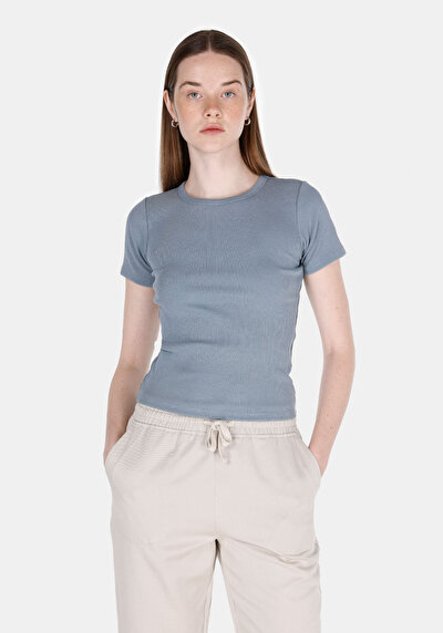 صورة من نحيف  ياقة مستديرة مستقيم نسائي أزرق كم قصير تي شيرت