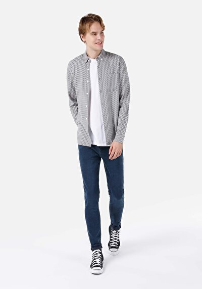 اعرض التفاصيل لـ قميص نحيف رقبة مطبوع رجالي رمادي كم طويل قميص