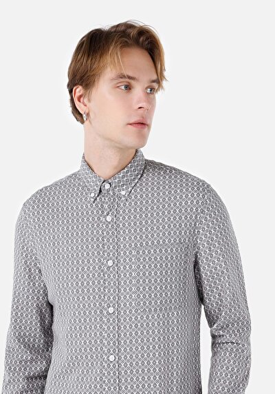 اعرض التفاصيل لـ قميص نحيف رقبة مطبوع رجالي رمادي كم طويل قميص