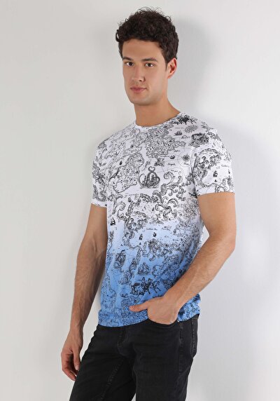 صورة من   رقبة مستديرة مطبوعة للرجال أبيض بأكمام قصيرة تي شيرت