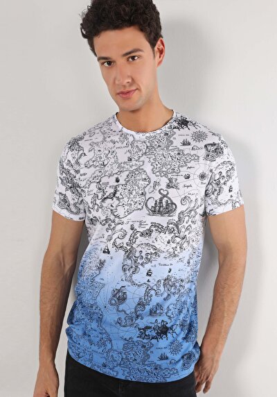 صورة من رقبة مستديرة مطبوعة للرجال أبيض بأكمام قصيرة تي شيرت