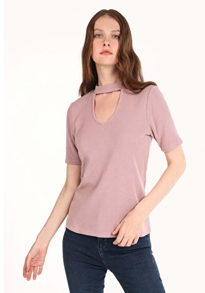 صورة من ضيق قصة نصف ياقة مدورة نسائي وردي كم قصير تي شيرت