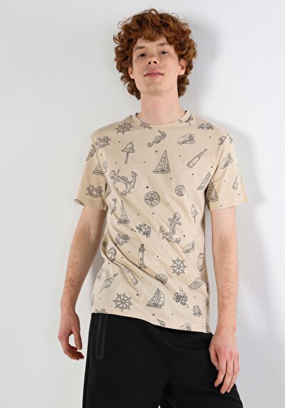 اعرض التفاصيل لـ   رقبة مستديرة مطبوعة رجالي بيج كم قصير تي شيرت