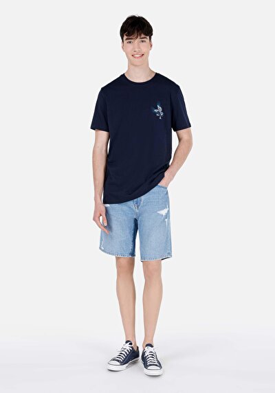 صورة من رقبة مستديرة مستقيم رجالي أزرق كحلي كم قصير تي شيرت