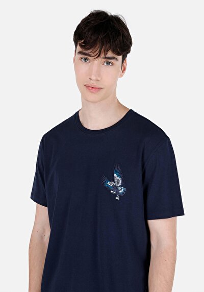 صورة من رقبة مستديرة مستقيم رجالي أزرق كحلي كم قصير تي شيرت