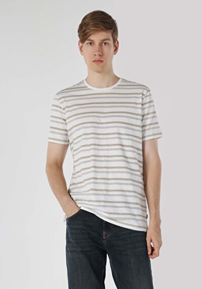 صورة من   رقبة مستديرة مخطط للرجال أبيض بأكمام قصيرة تي شيرت