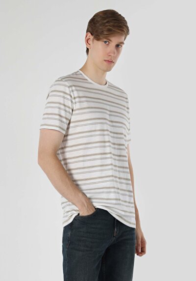 صورة من رقبة مستديرة مخطط للرجال أبيض بأكمام قصيرة تي شيرت