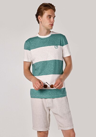 صورة من   رقبة مستديرة مخطط للرجال تي شيرت أخضر قصير الأكمام