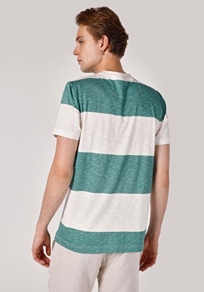 صورة من رقبة مستديرة مخطط للرجال تي شيرت أخضر قصير الأكمام