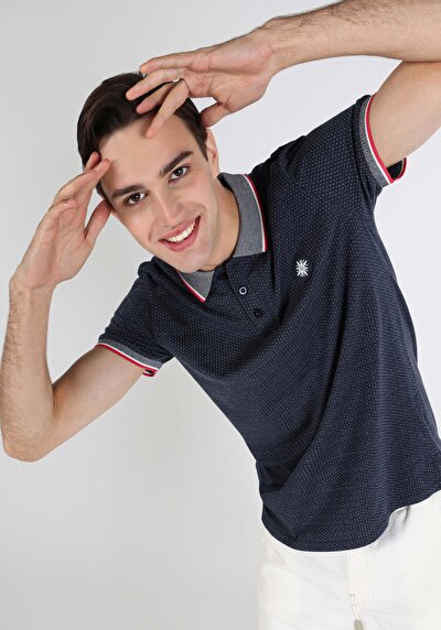 صورة من عادي رقبة بولو جاكار رجالي أزرق كحلي كم قصير تي شيرت