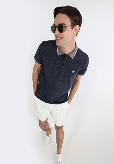 صورة من عادي رقبة بولو جاكار رجالي أزرق كحلي كم قصير تي شيرت