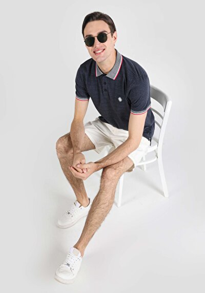 صورة من عادي رقبة بولو جاكار رجالي أزرق كحلي كم قصير تي شيرت