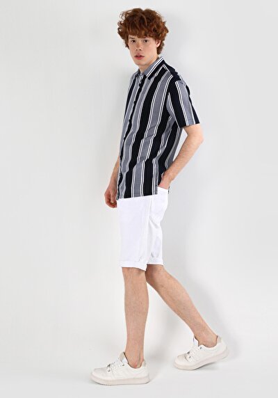 اعرض التفاصيل لـ قميص عادي رقبة مخطط رجالي أزرق كحلي كم قصير قميص