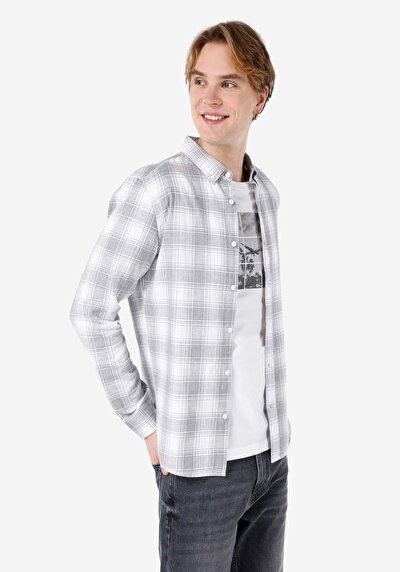 صورة من قميص نحيف رقبة منقوشة رجالي رمادي كم طويل قميص