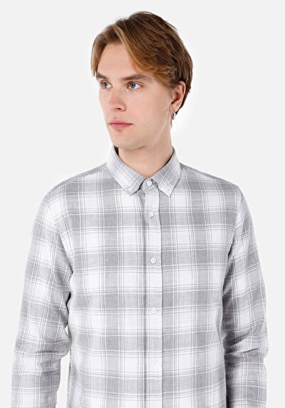 صورة من قميص نحيف رقبة منقوشة رجالي رمادي كم طويل قميص