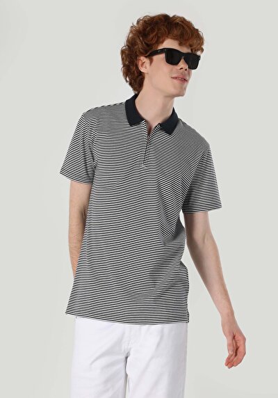 اعرض التفاصيل لـ عادي قصة بولو رقبة مخطط رجالي أزرق كحلي كم قصير تي شيرت