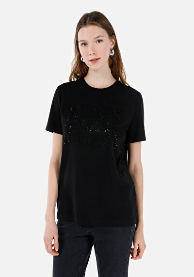 صورة من عادي مقاس رقبة مستديرة نسائي أسود كم قصير تي شيرت