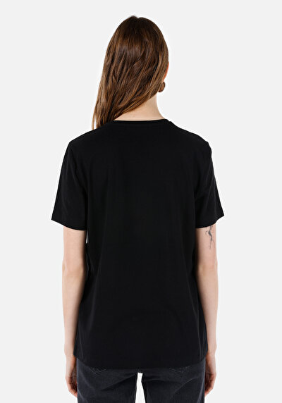 صورة من عادي مقاس رقبة مستديرة نسائي أسود كم قصير تي شيرت