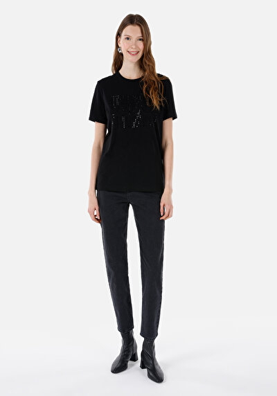 صورة من عادي مقاس رقبة مستديرة نسائي أسود كم قصير تي شيرت