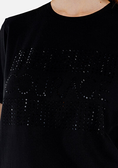 اعرض التفاصيل لـ عادي مقاس رقبة مستديرة نسائي أسود كم قصير تي شيرت