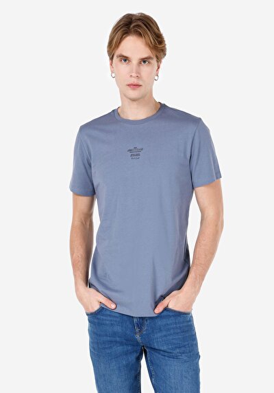 صورة من   رقبة مستديرة مستقيم رجالي أزرق كم قصير تي شيرت