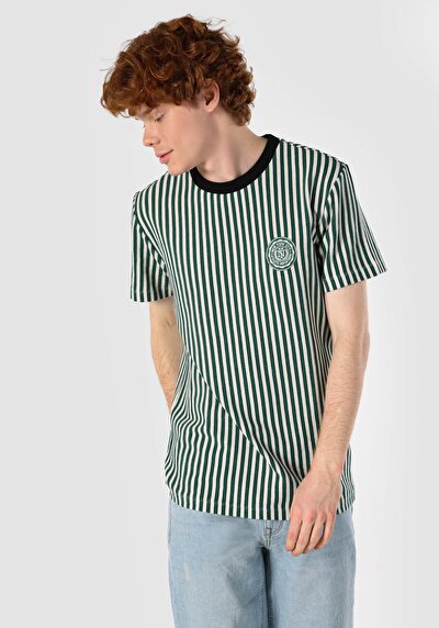 صورة من   رقبة مستديرة مخطط للرجال تي شيرت أخضر قصير الأكمام