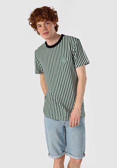 صورة من رقبة مستديرة مخطط للرجال تي شيرت أخضر قصير الأكمام